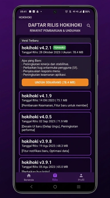 Tampilan riwayat versi hokihoki
